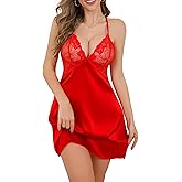 Rigeri Women's Lingerie Sexy Nightgown Silk Sleepwear Lace Babydoll Chemise Criss Cross Back Nighty with Thong S-XXL