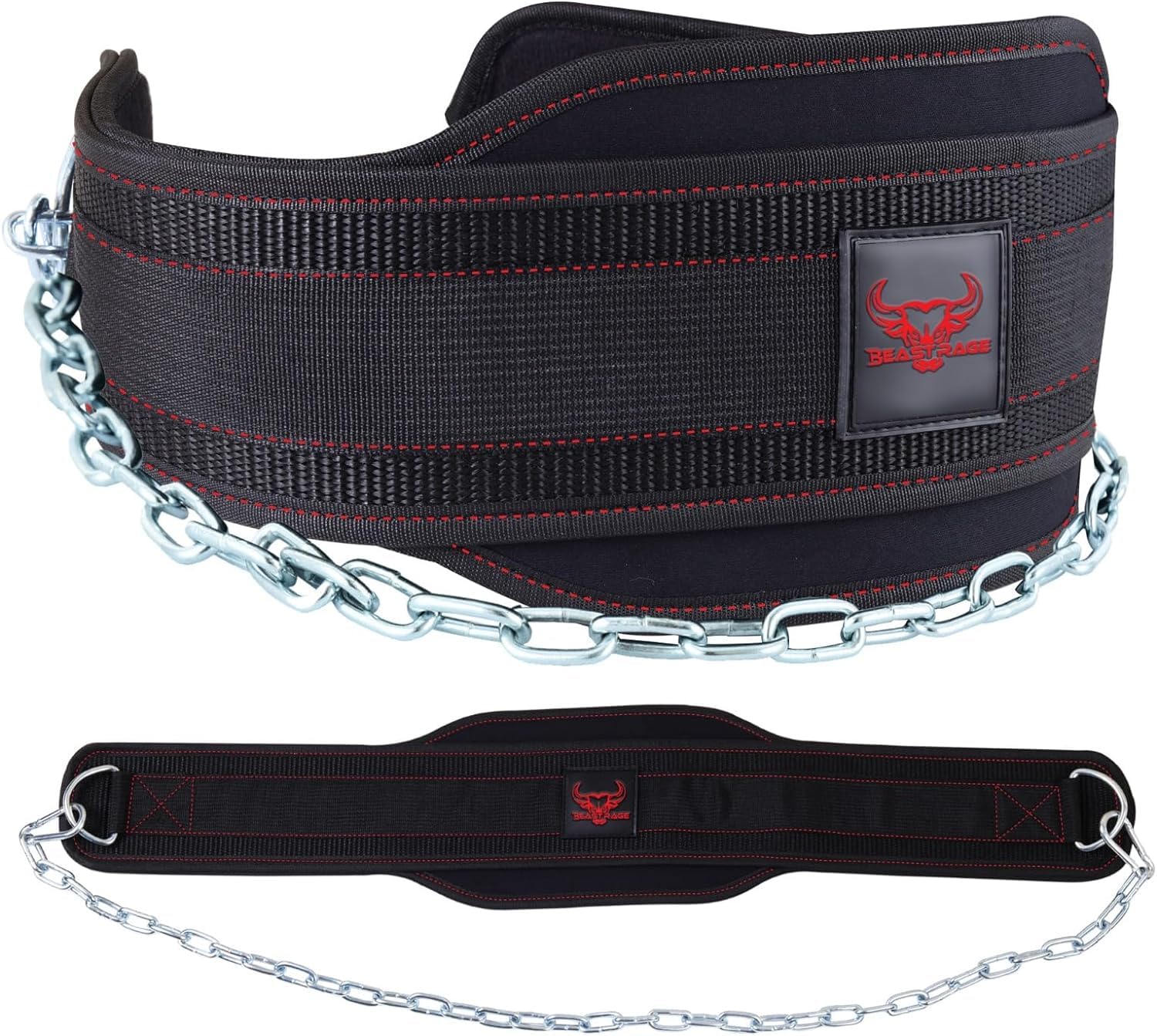 BEAST RAGE Dip Belt Weight lifting belt with Heavy Duty 36 Inch Adjustable Dipping Steel Chain Padded Neoprene Gym belt Back Support Men Women Fitness (Red)