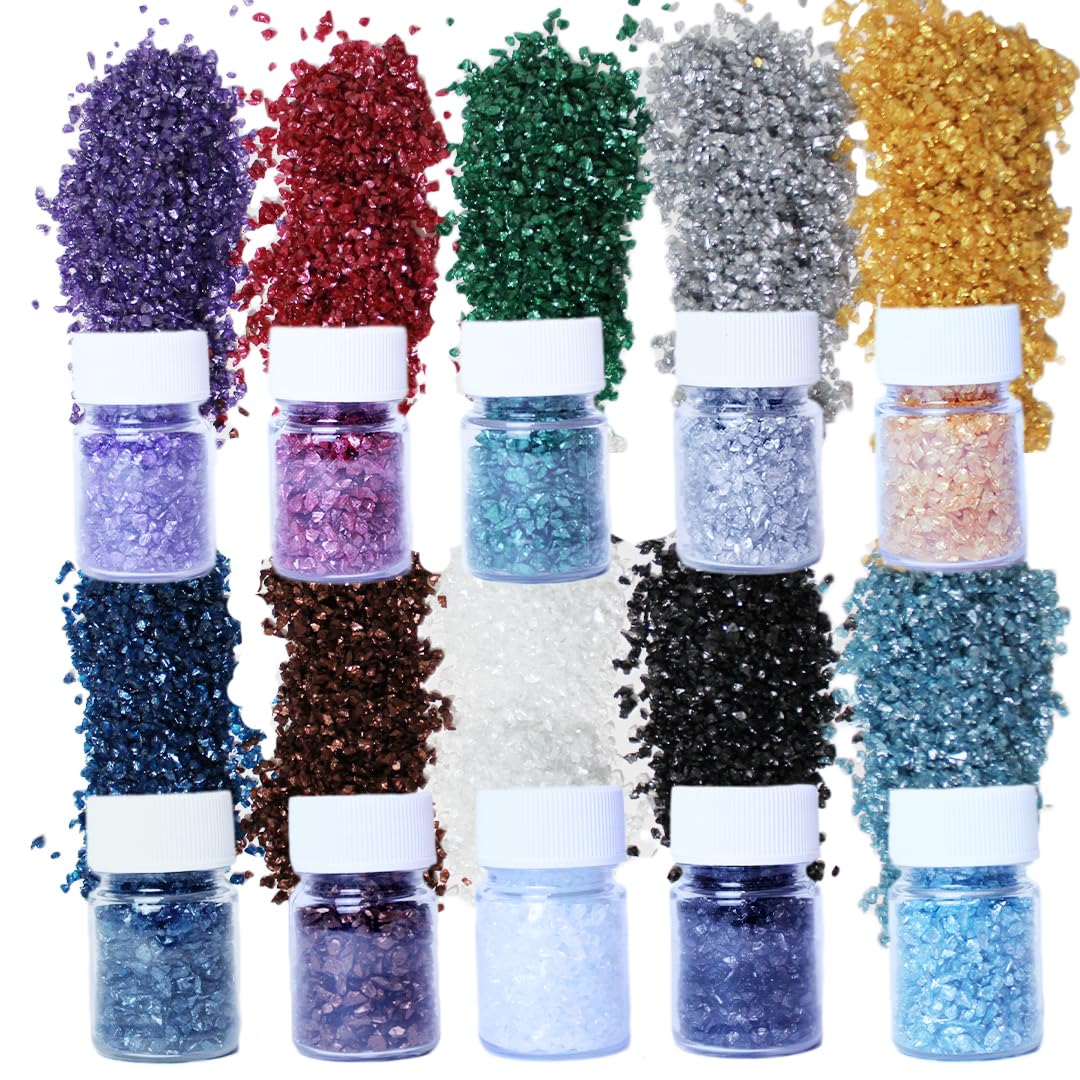 Photo 1 of 10Colors - 1LB Crushed Glass for Crafts Glitter Resin Art, Small Broken Glass Pieces Metallic Crystal Chips DIY Vase Filler Decoration 1-3mm (Metallic)