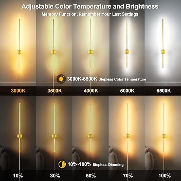 GOODATE WALL SCONCES SET OF TWO WITH REMOTE, STEPLESS COLORS 3000K-6500K & STEPLESS DIMMING, HARDWIRE OR PLUG-IN, 180° ROTATE, LED GOLD PLUG IN WALL SCONCES WITH TIMER & NIGHT LIGHT, 23.6 INCHES