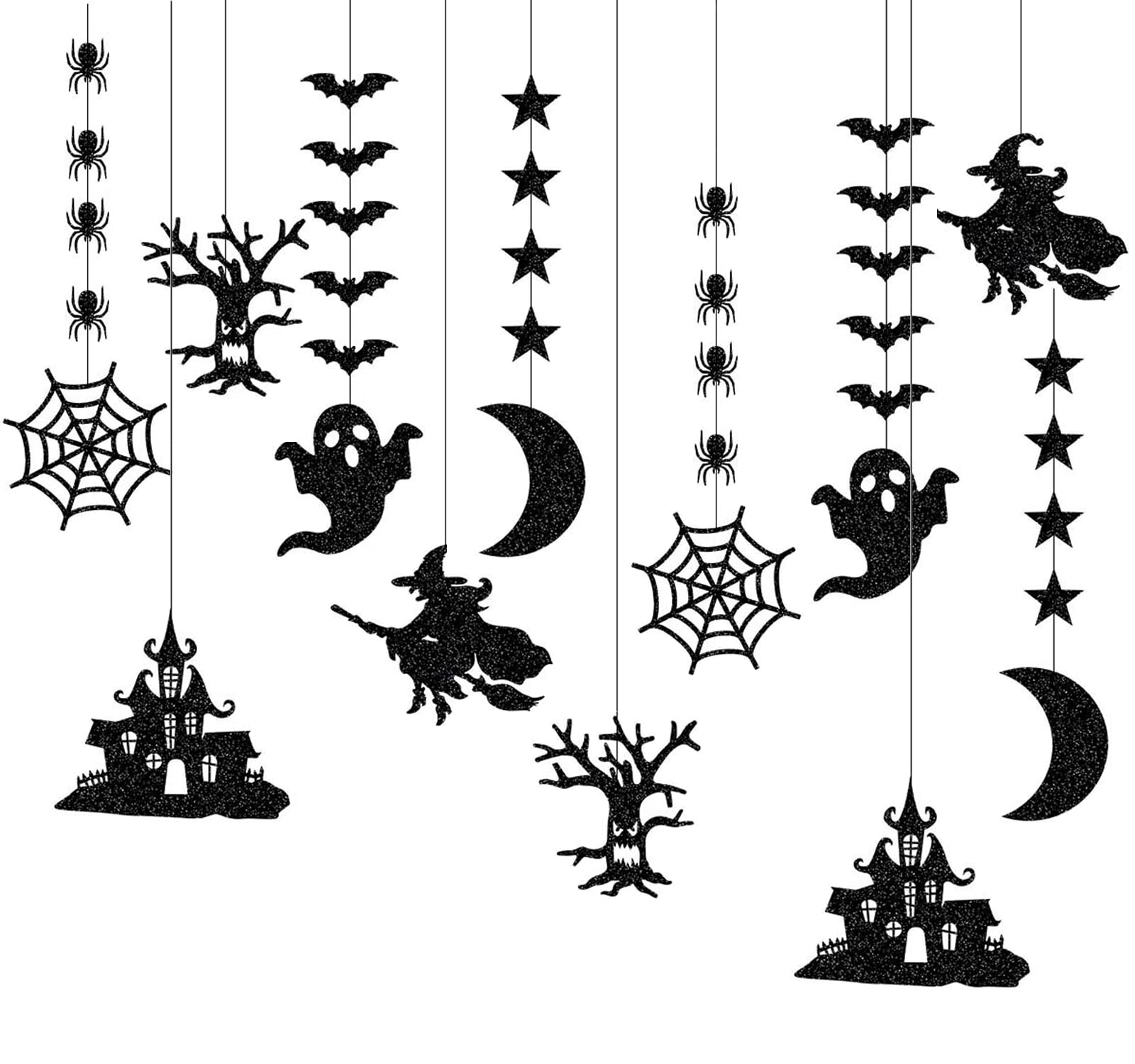 Halloween Bat Spider Hanging Kit, 12 Pieces Halloween Ornaments Black Glitter Bat Witch Spider Web Ghost Banner Garland, Scary Theme Wall Stickers Hanging for Halloween Party Haunted House Decoration
