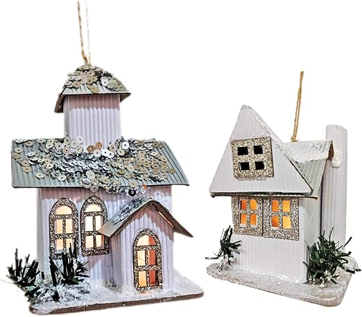 Amazon Com Happy Packs Christmas White House Winter Snow And Sequins Cottage Led Battery Operated Cardboard Ornament Set Of 2 Home Kitchen