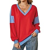 MAOECO Womens Color Block Oversized Sweatshirt V Neck Long Sleeve Shirts Casual Loose Pullover Tops