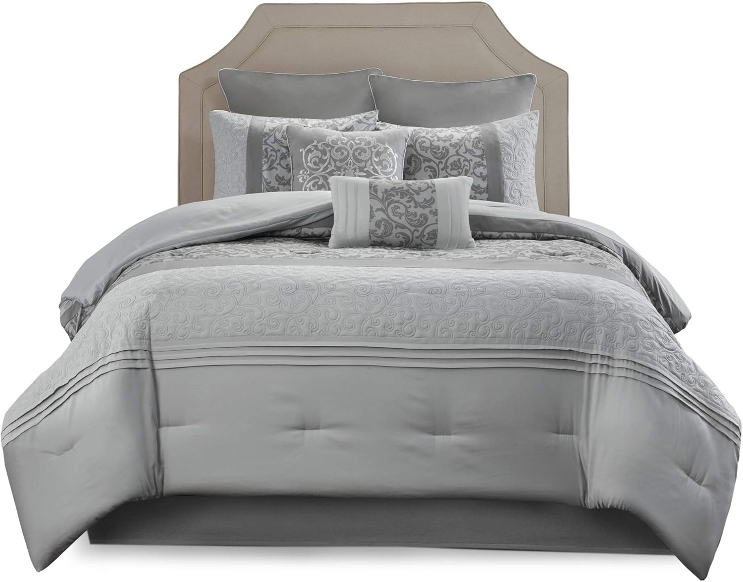 510 Design Ramsey 8 Piece Comforter Floral Scroll Quilted Design, Stripes Accent, Embroidered Toss Pillow Modern Classic All Season Bedding Set, Matching Sham, Bedskirt, King(104"x92"), Grey: Home & Kitchen