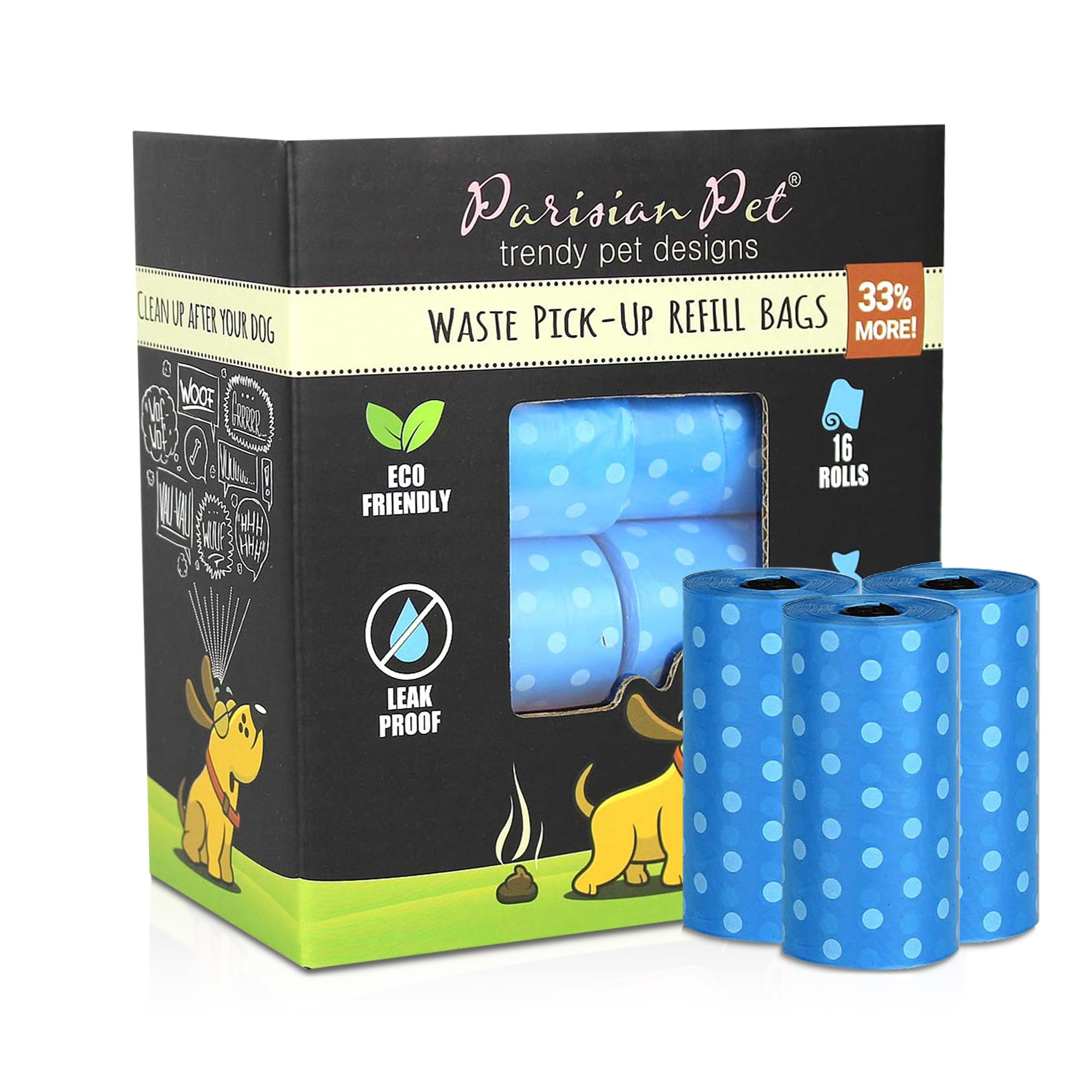 Parisian Pet Dog Poop Bags for Dogs – Refills Rolls of Doggie Bags for Poop – Unscented Dog Poop Bag – Eco-Friendly Pickup Pet Waste Bags, 16 Rolls, Blue Polk Dot