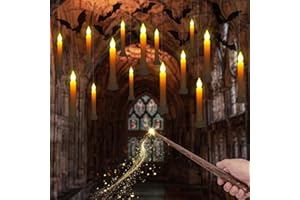 Homemory 12 Pcs Hanging Floating Candles with Wand Remote (Battery Include), Magic Deco Candles, Flameless Taper Candles Can be Used as Window Candles for Halloween Party Decor, Warm Yellow