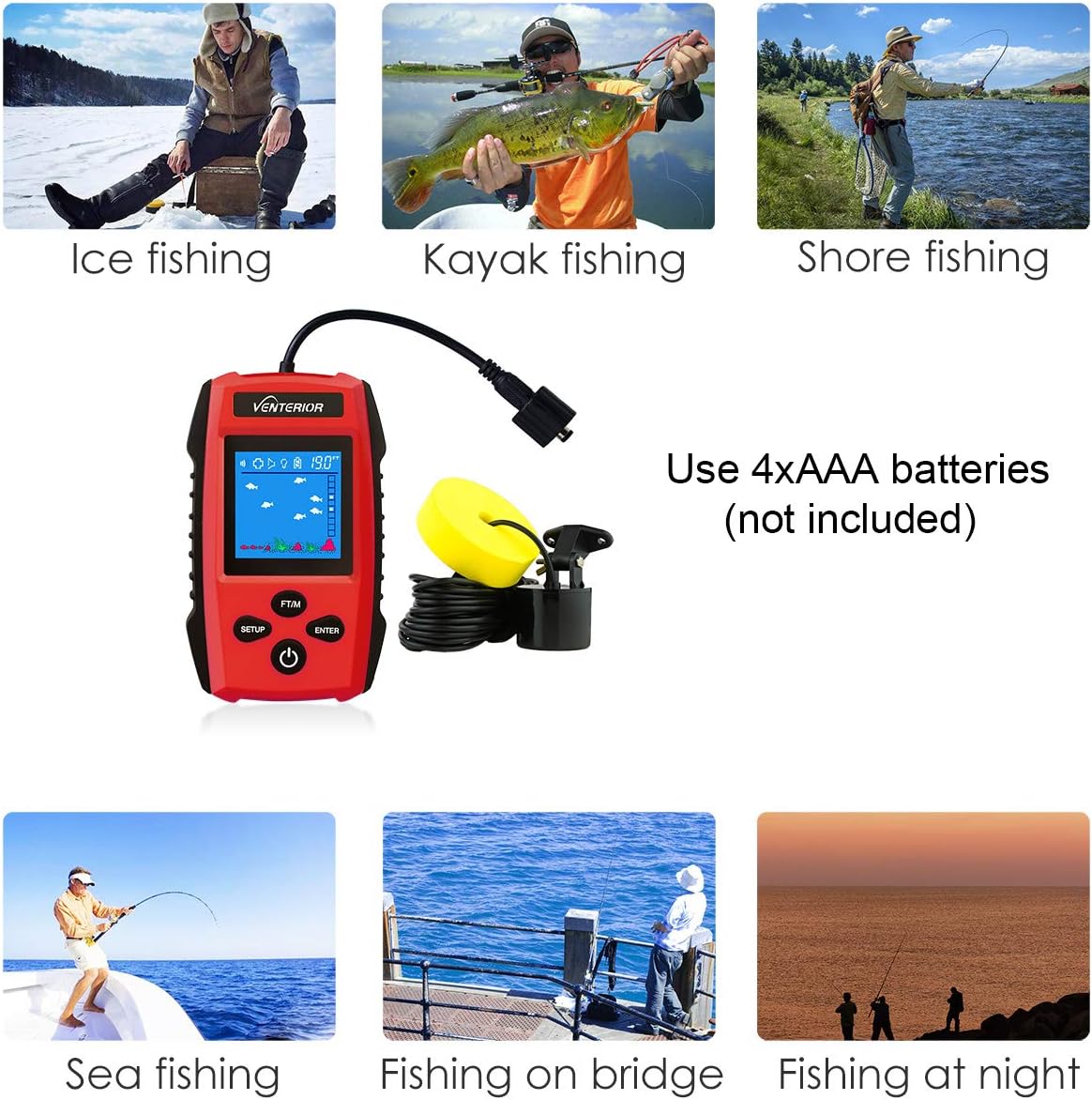 Venterior Portable Fish Finder Handheld Fishfinder Depth Finder Ice Kayak Fishing Gear with Sonar Transducer and LCD Display (Deep Red): GPS & Navigation