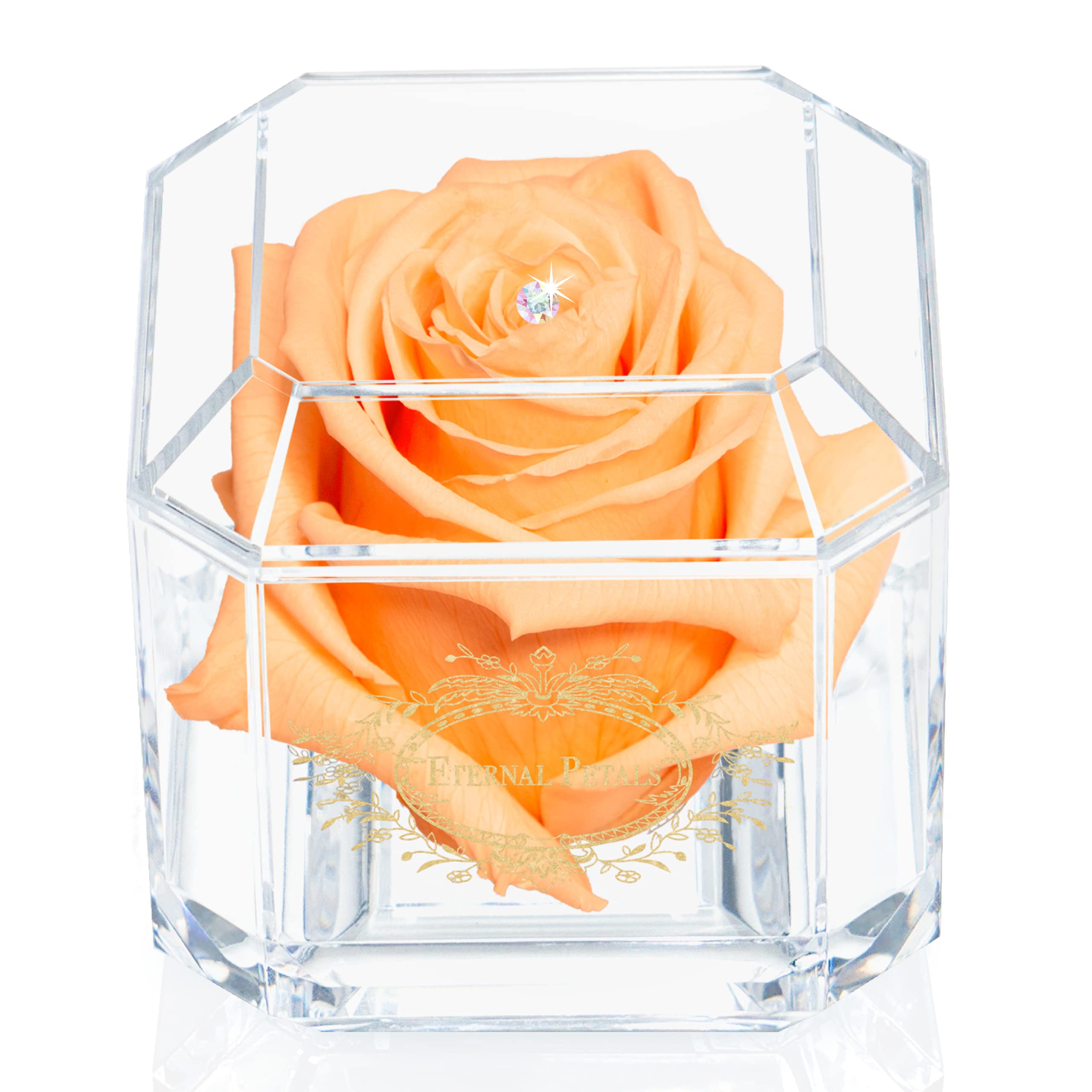 A 100% Real Rose That Lasts Years - Eternal Petals, Handmade in UK – Gold Solo with A Multicolour Swarovski Crystal (Peach)