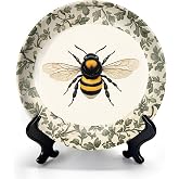 HABEN ARTWORK 8" Ceramic Plates for Display Vintage Rustic Textured Green Botanical Cottagecore Bee Floral Patterns Decorative Plate with Stand and Hook for Kitchen Dining Room Wall Hanging Decor