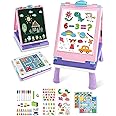 Elovien Easel for Kids, 4 in 1 Double Sided Toddler Art Easel with Chalkboard & Magnetic Whiteboard, Foldable Kid Tabletop Easel with Drawing & Writing Accessories - Educational Gift for Girl (Purple)