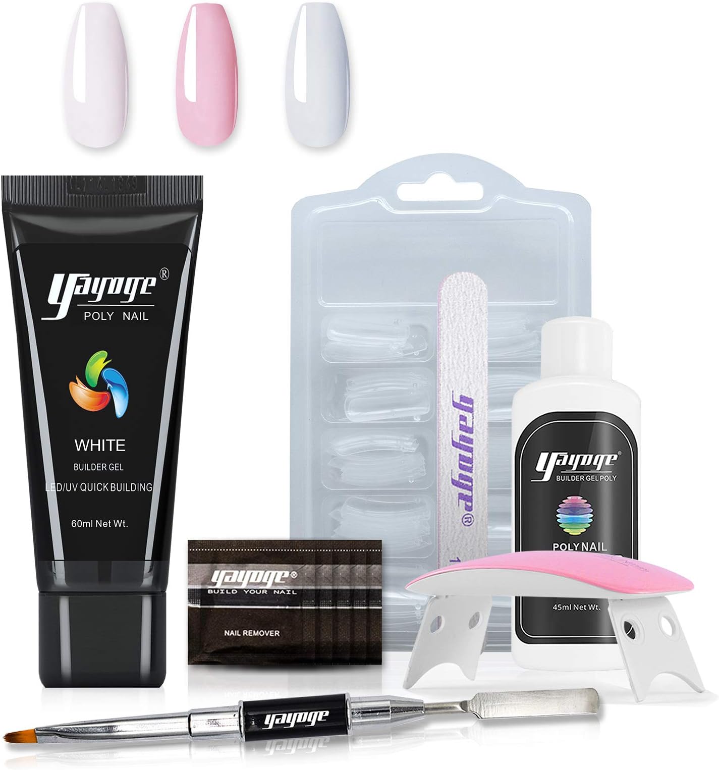 Yayoge Poly Gel Nail Kit with UV Lamp - 60ml Poly Nail Gel Nail Builder Gel Kit White Polly Jell Set with Silp Solution and Pink LED Lamp Manicure Tools for Nail Extension Nail Art DIY Salon and Home