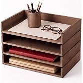 Yeaqee 4 Pcs Stackable Organizer Tray Wood Desk Organizer, Dark Wood Color | Paper Letter Tray Desktop Letter Size Office Wooden Desk Shelf Paper Folder Organization Rack for Mail File Document