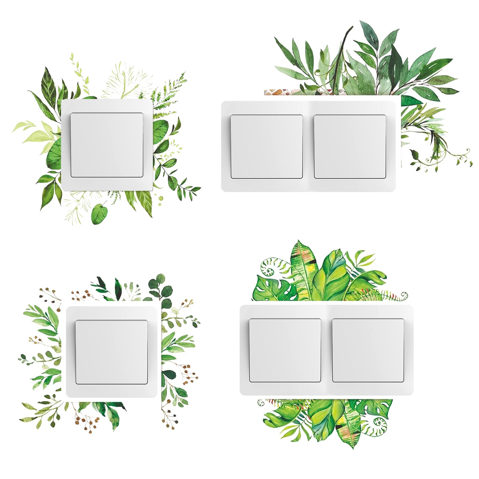 SwirlColor Light Switch Sticker, 4pcs Green Plant Wall Stickers Waterproof Light Switch Covers Decor Stickers Wall Switch Sticker for Living Room Bedroom Bathroom Kitchen Office