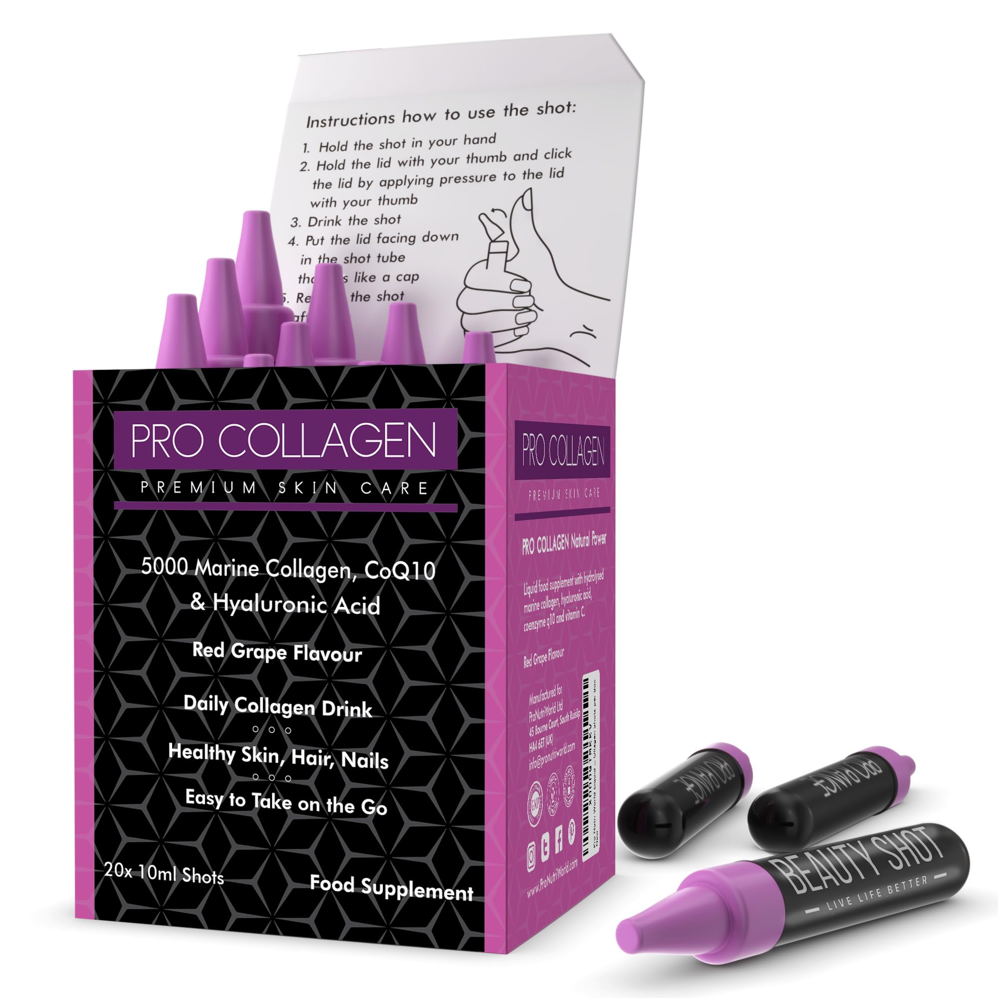 ProNutriWorld Premium Liquid Marine Collagen Shots 5000mg, Hydrolysed Fish Collagen Peptides with Hyaluronic Acid, CoQ10 & Vitamin C, Grape Flavour – Skin, Hair, Nails & Joint Support, Ready-to-Drink