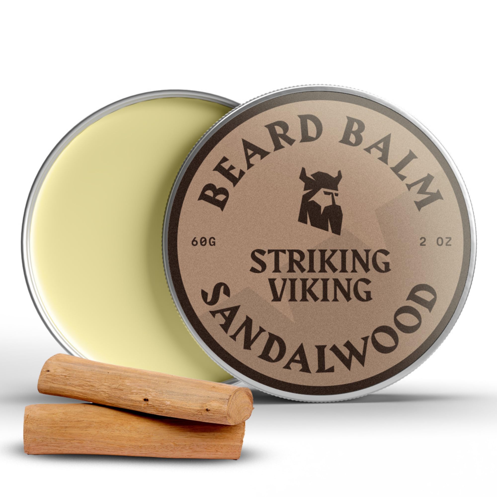 Striking Viking Sandalwood Beard Balm - 60 g - Natural Moisturising Beard Softener for Men - Moustache Wax Styling Hold - Soothing Tea Tree Oil Balm