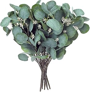 Artificial Greenery Stems – Faux Silk Eucalyptus Leaves White Seeded Green/Grey/Blue Floral 6 Picks / 5 Branches Each Floral Pick for Flower Arrangement Crafts, Holiday Centerpiece, Décor