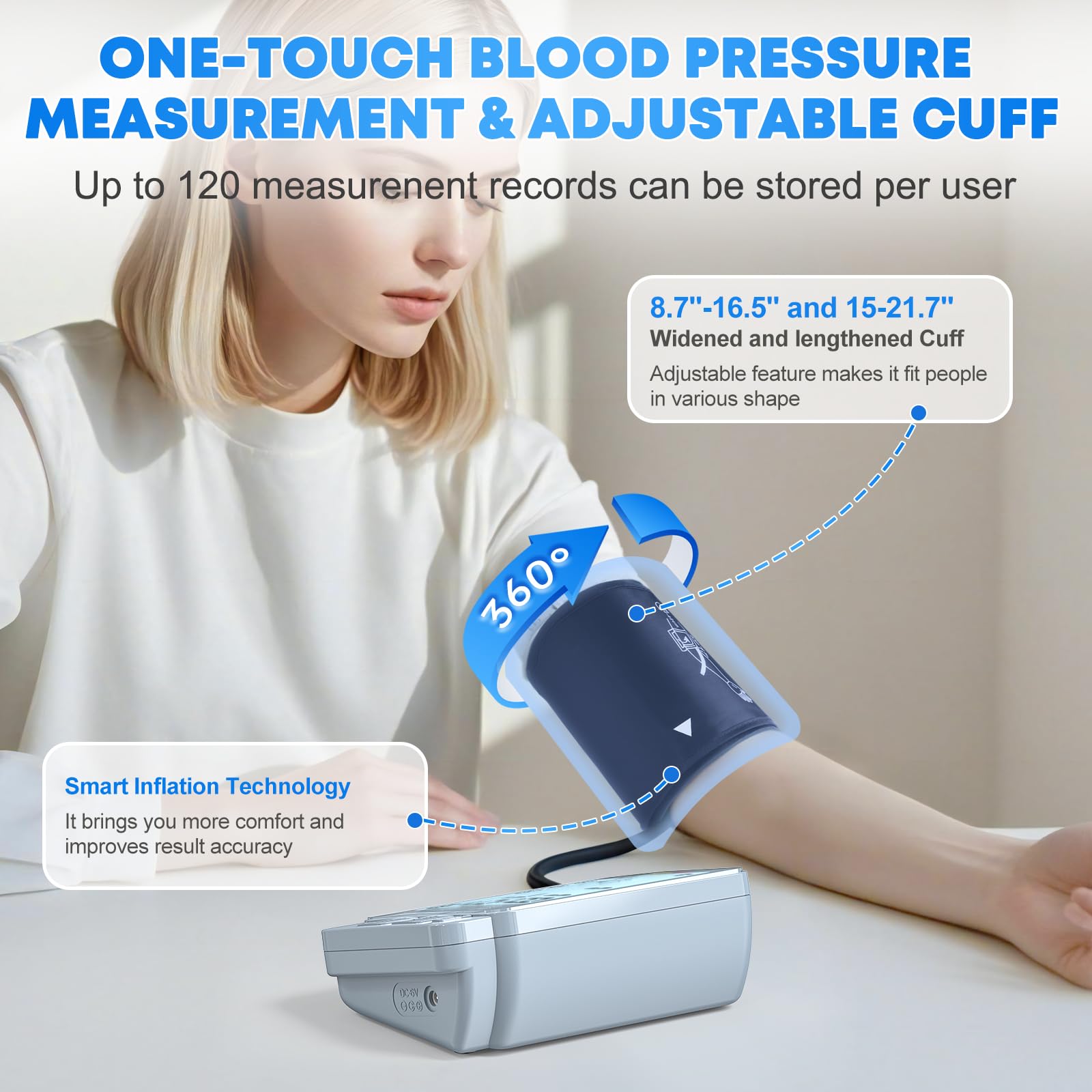 Blood Pressure Monitors for Home Use with 2 Size Cuff (8.7-16.5'' & 15-21.7'' Extra Large Blood Pressure Cuff), 2x120 Memory, with USB Cable and 4 aa Batteries(Blue)