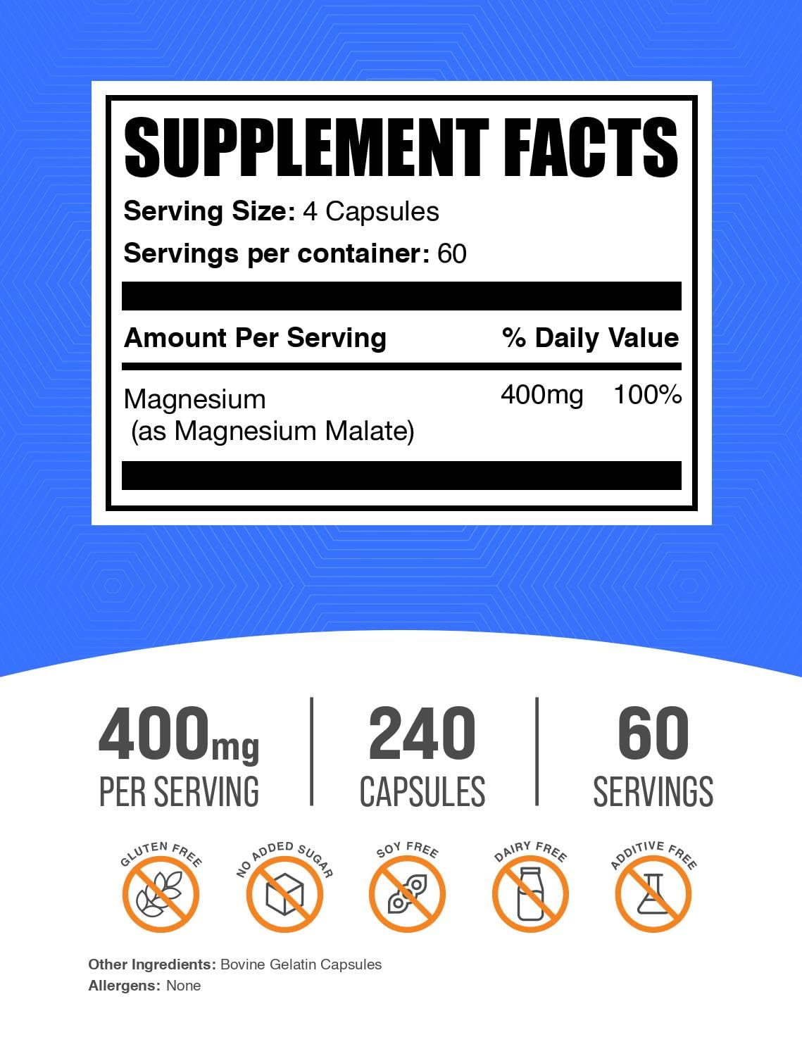 BulkSupplements com Magnesium Malate Capsules - Magnesium Supplement, Magnesium Malate 400mg - Essential & Gluten Free, 4 Capsules per Serving, 240 Count (Pack of 1)