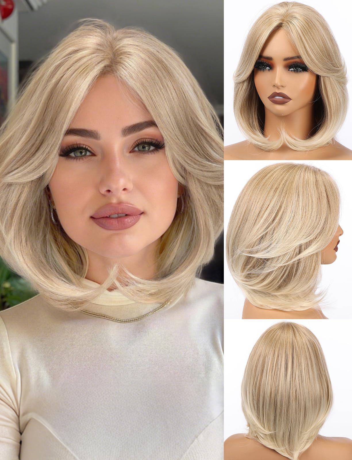 Photo 1 of Luwila 12 Inch Curtain Bangs Layered Bob Fashion Wigs for Women, Synthetic Hair with Heat Resistant Fiber & Breathable Net Cap for Daily Style, Cosplay (Light Blonde)