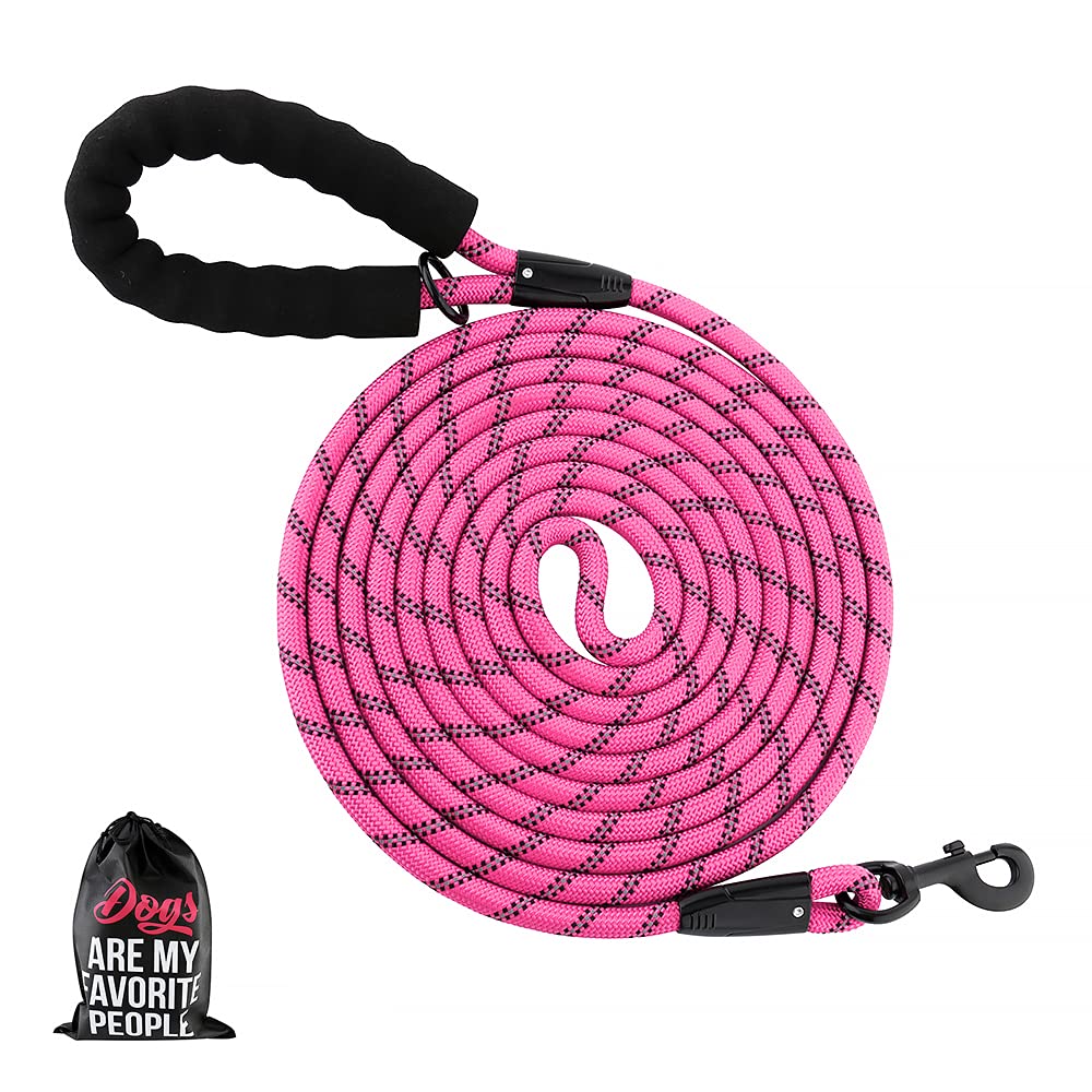 Plutus Pet Long Rope Dog Lead - Comfortable Padded Handle, Reflective Nylon Heavy Duty Rope, 4.5m, 6m, 9m for Small to Large Dogs (9m, Pink)