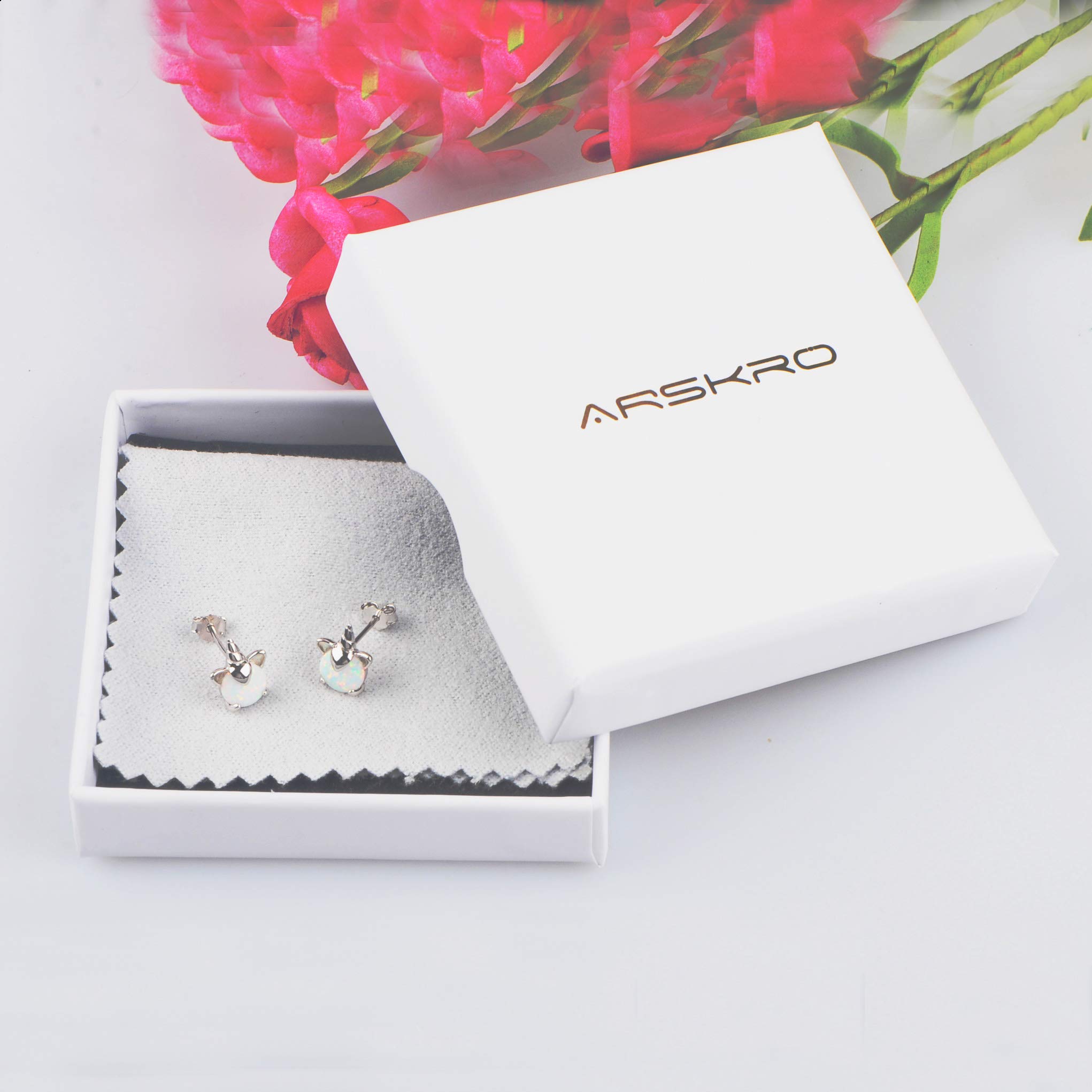 Unicorn Earrings for Girls, Hypoallergenic Fire Opal Stud Earrings ARSKRO S925 Sterling Silver with Gold Mini Tiny Cute Earring Jewelry Gifts for Kids Women