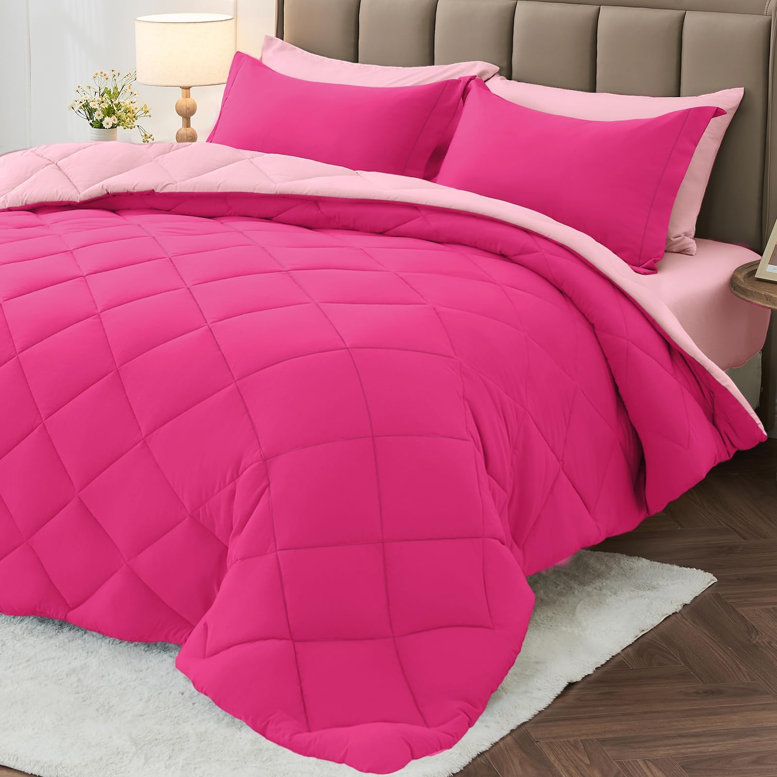 Photo 1 of MUXHOMO 7 Pieces Full Comforter Set, Reversible Bed in a Bag Full Size, All Season Bedding Set with Comforter, Flat Sheet, Fitted Sheet, Pillowcases & Shams, Hot Pink & Baby Pink