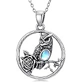 OUTANG Owl Necklace for Women 925 Sterling Silver Moonstone Rose Flower Owl Pendant Ladies Jewelry Gifts