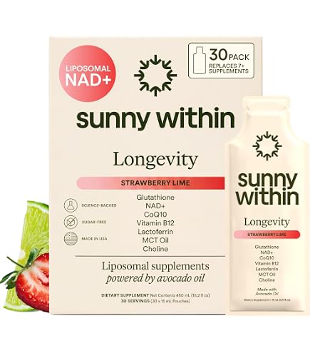 Amazon.com: Sunny Within Liposomal Glutathione Supplement CoQ10, MCT, NAD+ Longevity Mix w/Liquid NAD+, B12, Avocado Oil – Cellular Health, Energy, Brain, Gut & Heart Support* – Strawberry Lime – 30 Pouches : Everything Else Amazon.com: Sunny Within Liposomal Glutathione Supplement CoQ10, MCT, NAD+ Longevity Mix w/Liquid NAD+, B12, Avocado Oil – Cellular Health, Energy, Brain, Gut & Heart Support* – Strawberry Lime – 30 Pouches : Everything Else