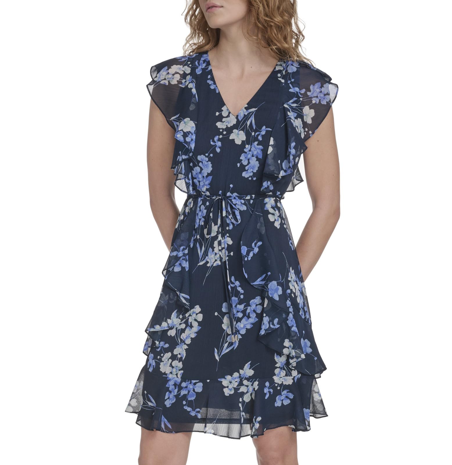 Tommy Hilfiger Women’s Sleeveless V-Neck Ruffle Trim Tie Waist Chiffon Mini Dress, Sky Captain/Harbor Grey, 6