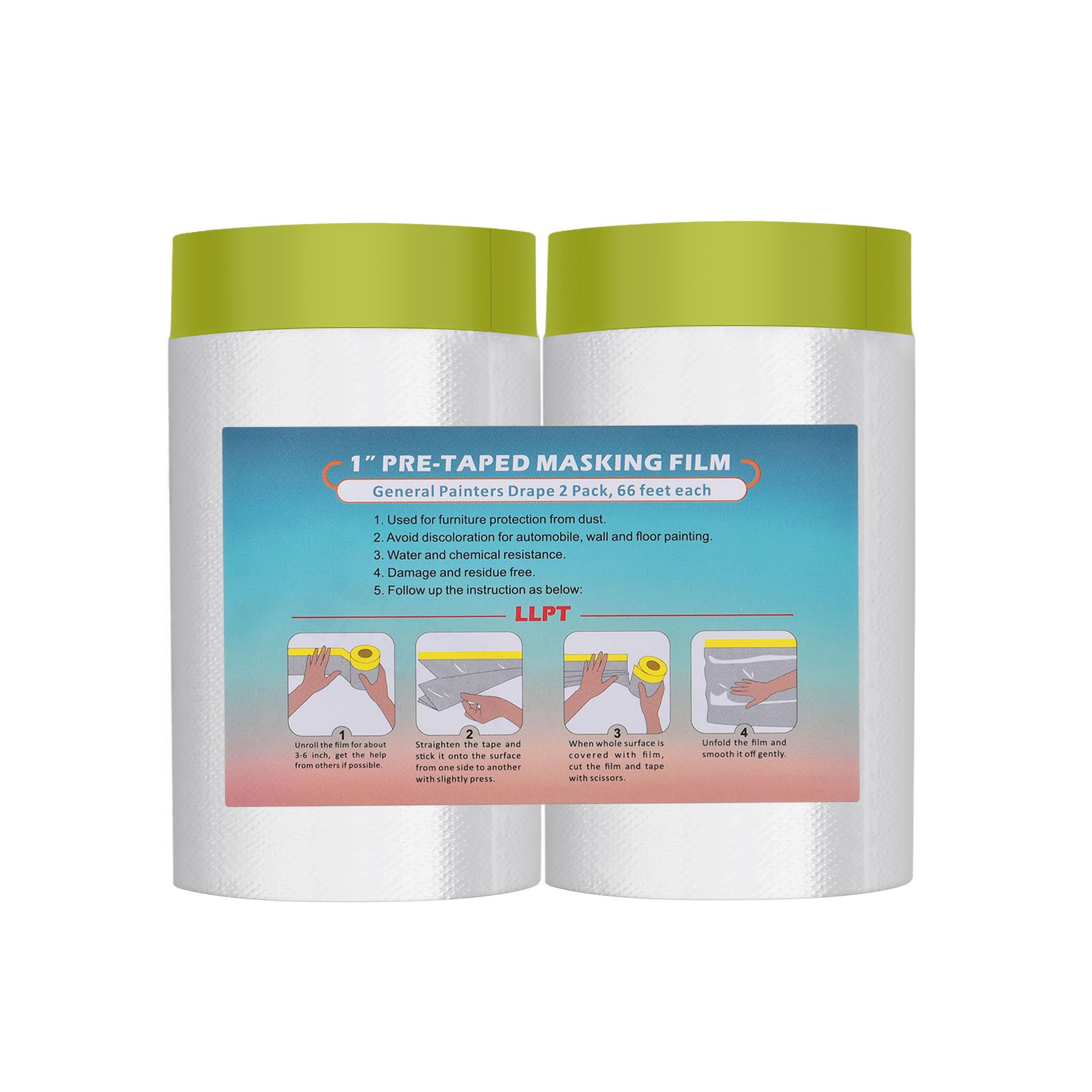 LLPT Tape and Drape Pre-Taped Masking Film | 2-Pack | 140cm(Unfolded) x 20m | Versatile Painter's Plastic Dust Sheets | for Auto Wall Painting and Spraying Protection (MFTG1420) | Green Washi Paper