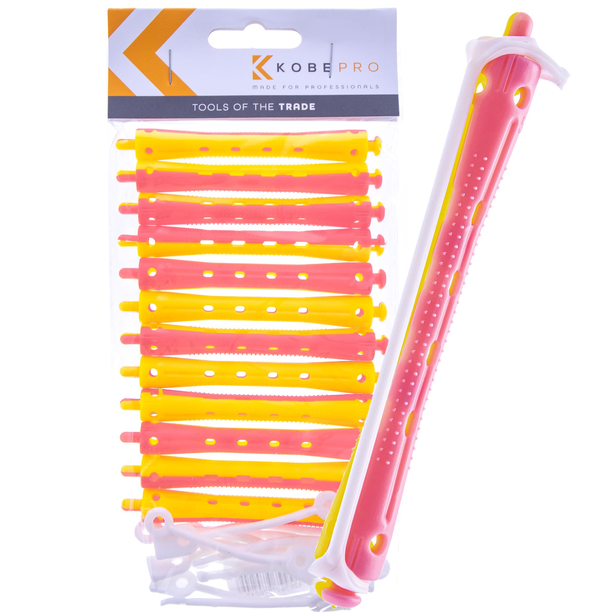 Kobe Professional Hairdressing Perm Rods with Rubbers - Non-Slip, Curling Tools for Wet/Dry Hair, Durable & Reusable - Ideal for Salons & Home Use - Pink/Yellow 8 mm