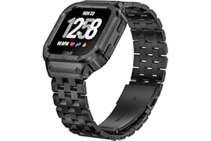 SUPLINK Stainless Steel Case & Band Compatible with Fitbit Versa 4/3/2 Bands, Protector Cover Strap for Fitbit Sense/Versa Lite Bands, Black