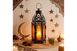 DECORKEY Moroccan Lanterns Decorative Indoor & Outdoor, 11’’ Medium Size Vintage Metal Hanging&Tabletop Candle Holder Decor, Halloween Christmas Ramadan Decorations for Home Porch Patio (Amber)
