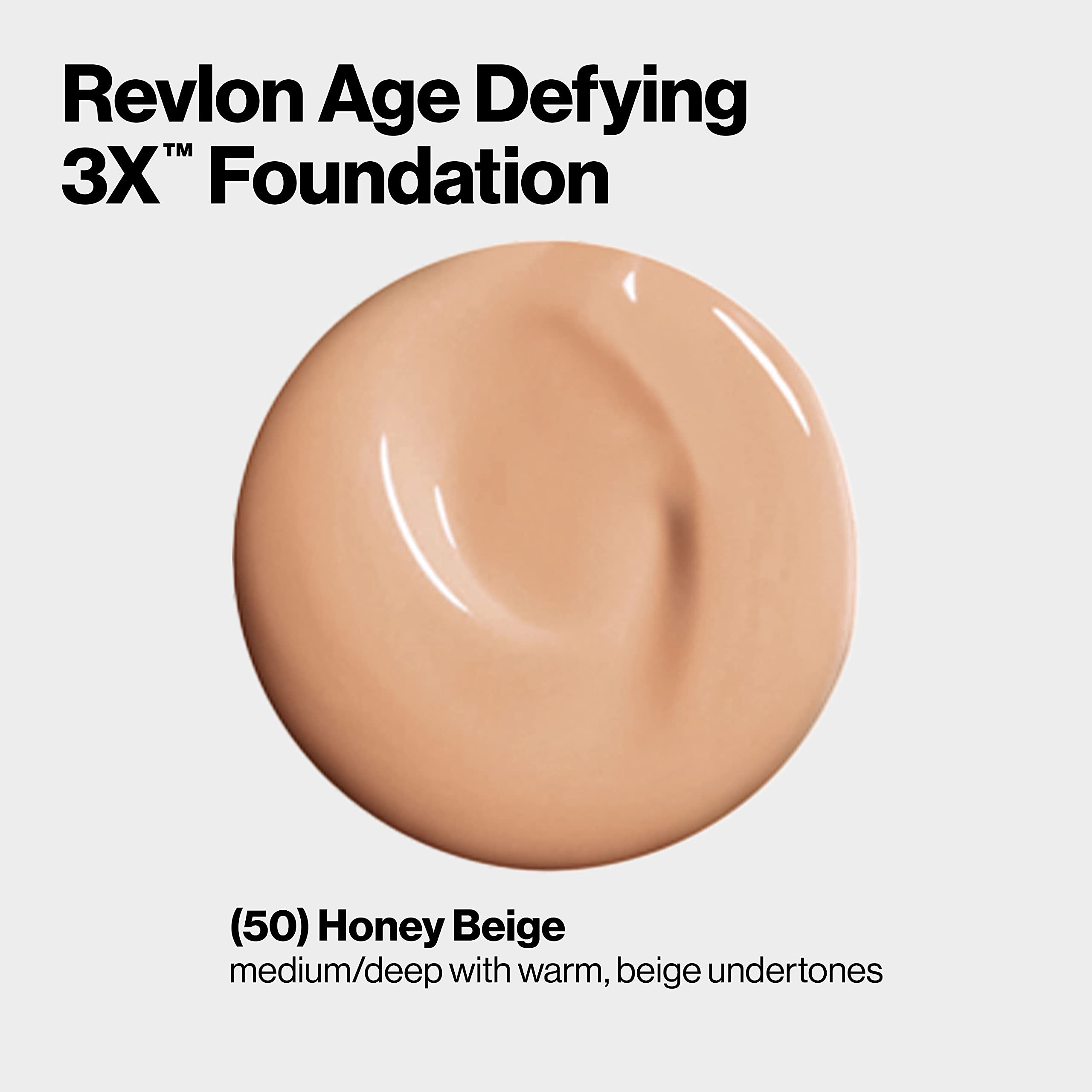Revlon Liquid Foundation, Age Defying 3XFace Makeup, Anti-Aging and Firming Formula, SPF 30, Longwear Medium Buildable Coverage with Natural Finish, 050 Honey Beige, 1 Fl Oz