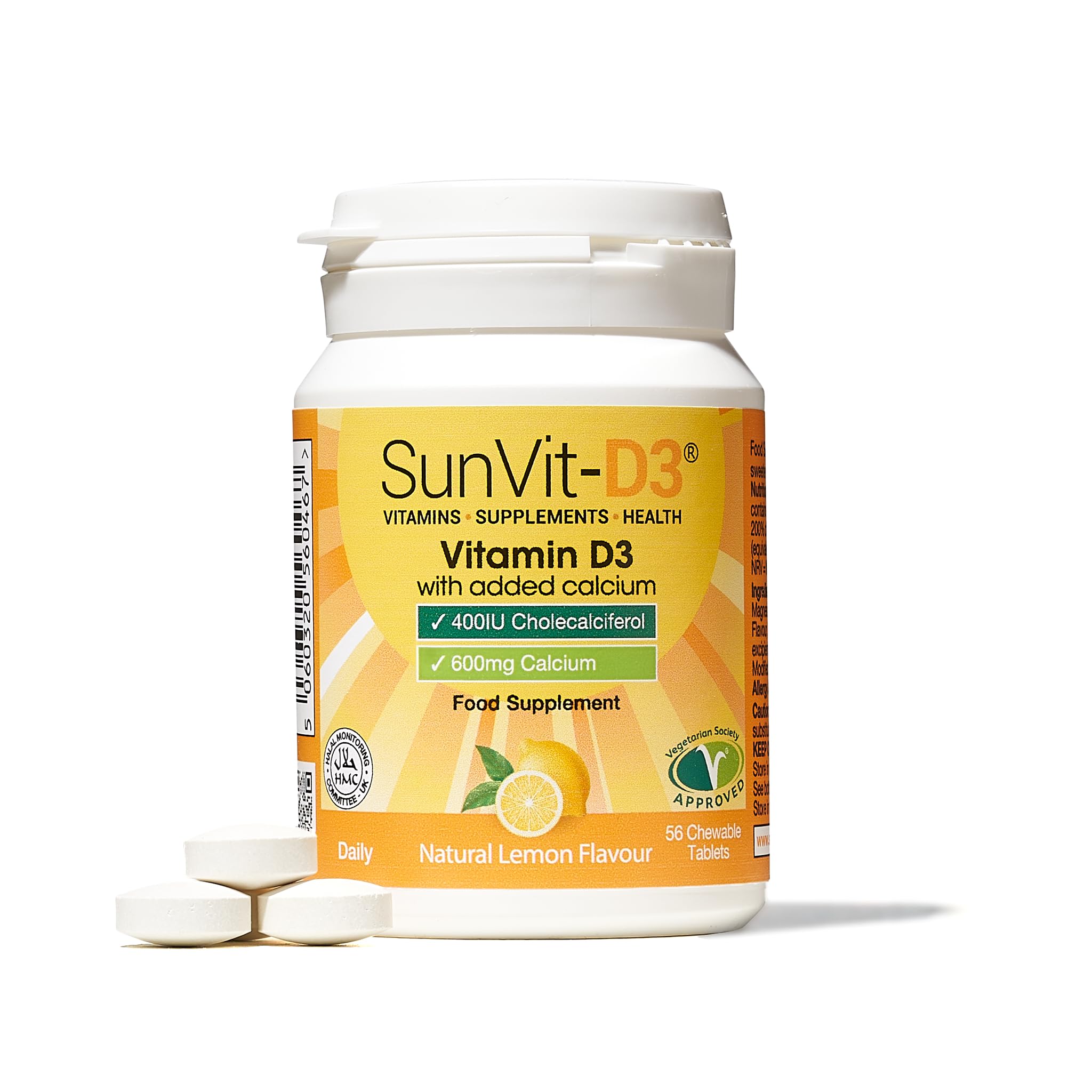 SunVit-D3 Vitamin D3 400IU with Added 600mg Calcium Lemon Tablets - Calcium and Vitamin D Tablets Support The Maintenance of Bone, Teeth, Muscle & Immune System - 56 Lemon Chewable Calcium Tablets