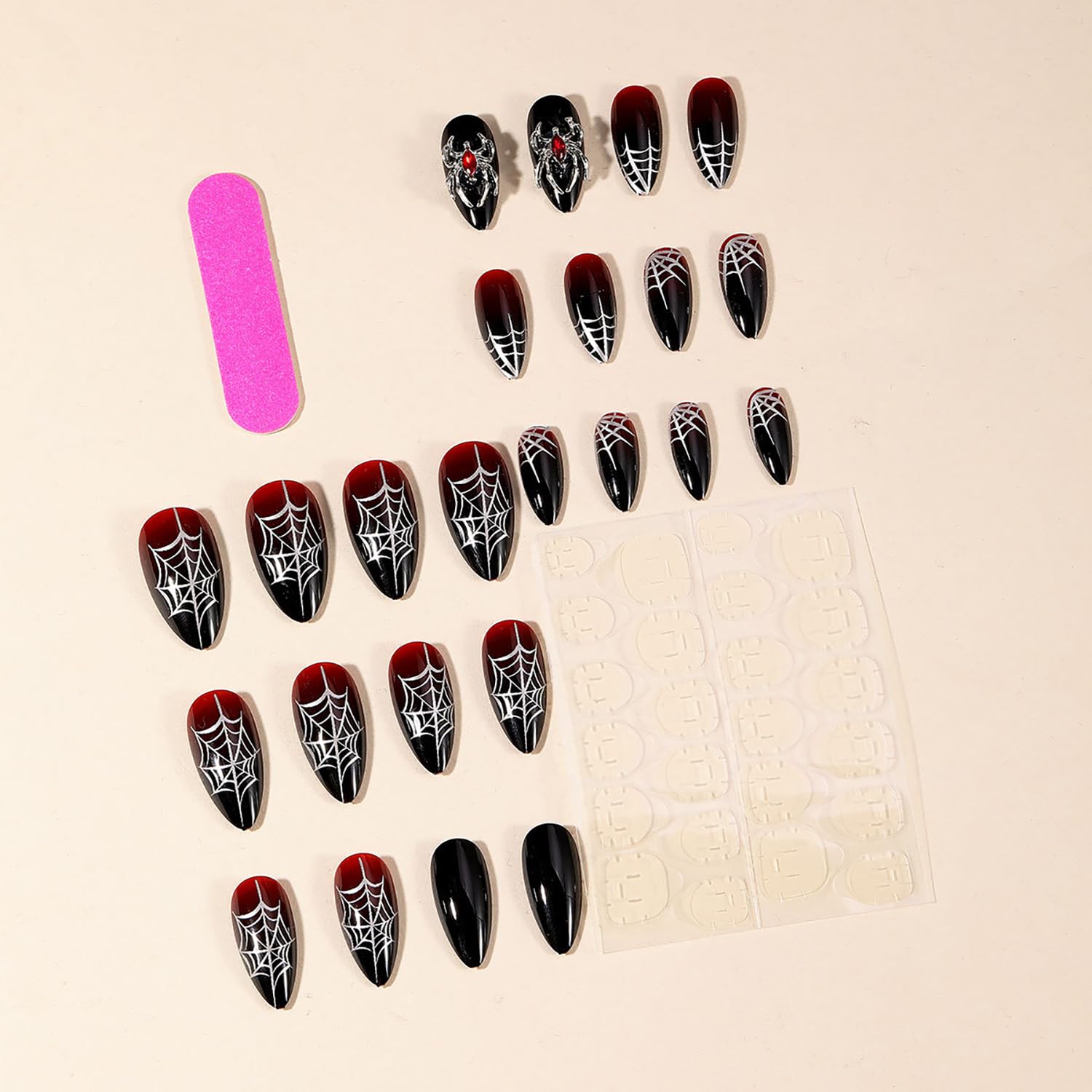 24 Pcs Reusable Almond Press on Nails Halloween Fake Nails Medium False Nails with Spider Web & 3D Spider Design Stiletto Nails Goth Nails Press ons Full Cover Stick on Nails for Women Handmade Nails - Image 2