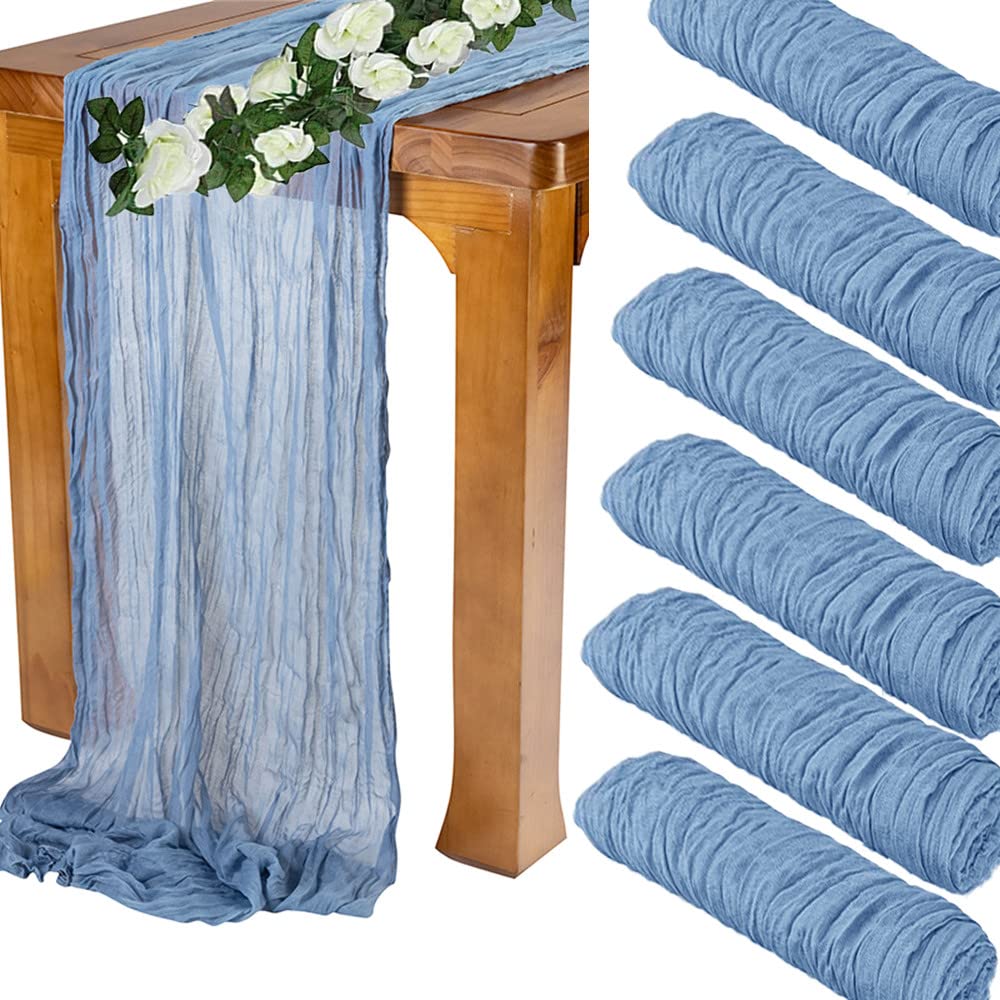 Treesunshine 6 Pack 10FT Cheesecloth Table Runner, Hessian Table Runner for Wedding Decor, Gauze Tablecloth, Tartan Tablecloth, Gauze Semi-Sheer Table Runner for Party, Rustic Wedding Table Decor,Blue