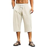 Cotrasen Men's Cotton Linen Capri Pants Loose Fit Elastic Waist Drawstring Baggy Harem Pants Casual Beach Yoga Trousers