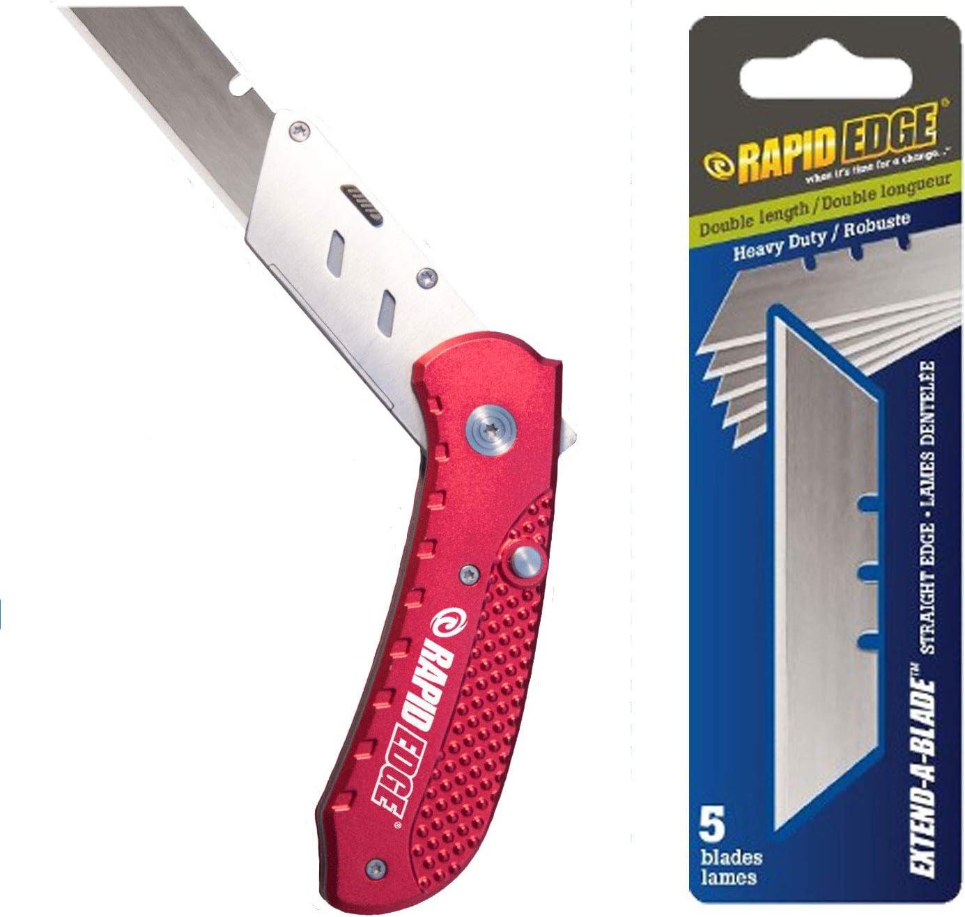 Rapid Edge Extend-A-Blade Utility Knife, Folding Razor Knife with 3 Blade Positions, Includes 5 Double-Length Straight-Edge Utility Knife Blades