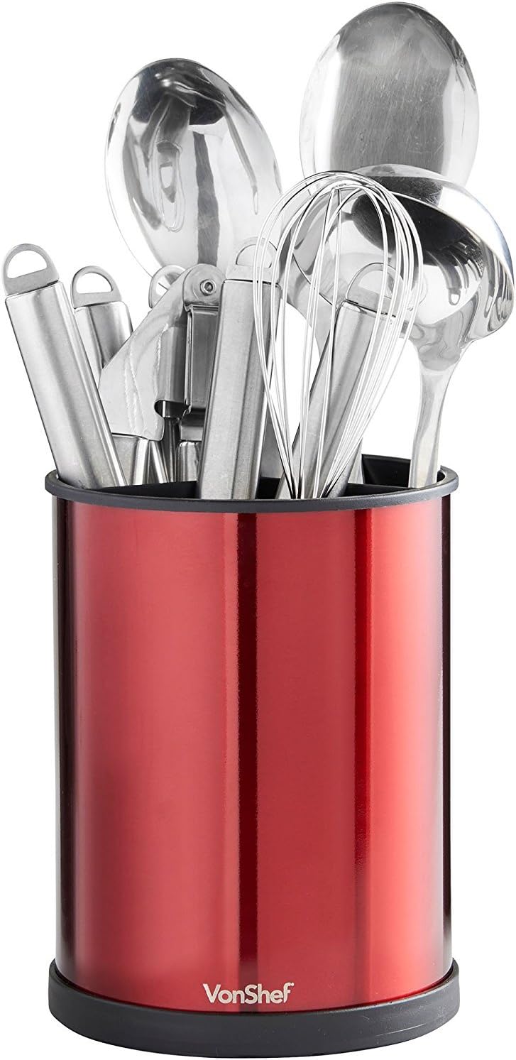VonShef 18cm Rotating Kitchen Utensil Holder Stainless Steel Red