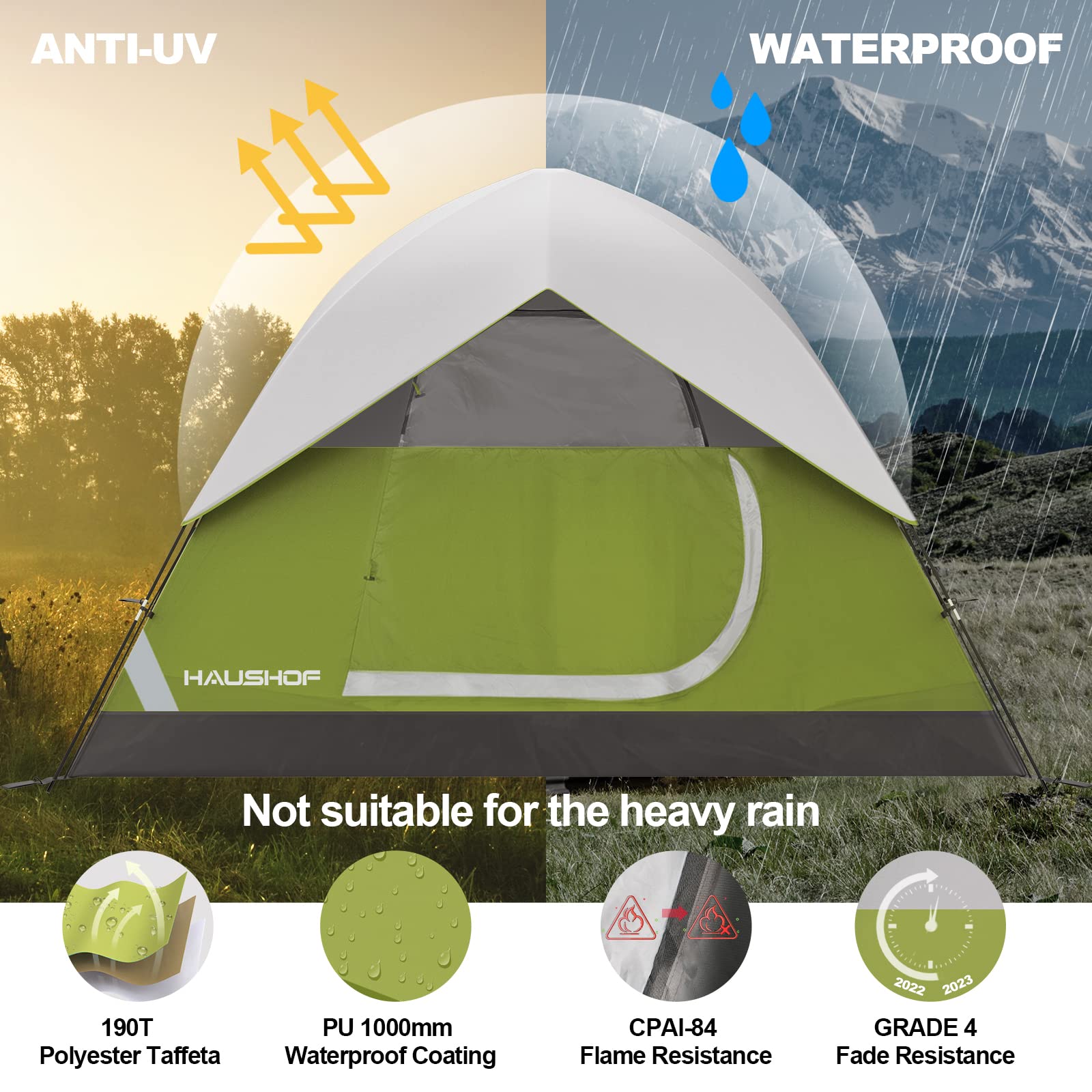 HAUSHOF 2/4-Person Family Dome Tent with Removable Rain-Fly, Easy Set Up Portable Camping Tent for Backpacking Hiking Backyard Outdoor, Green/Blue/2-person/4-person