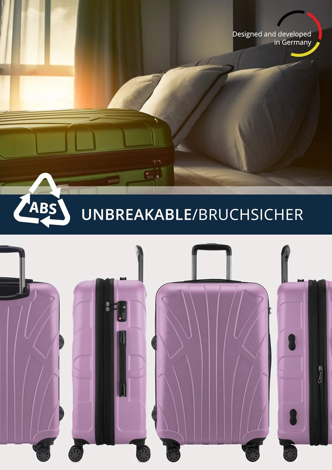 Suitline - Hardshell Suitcase Trolley Travel Luggage Hardcase with Extension, TSA, 66 cm, 58-68 litres, 100% ABS mat, Lilac - Image 5