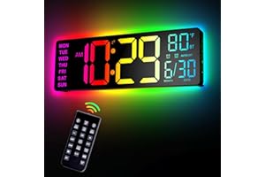 EASYERA 12" Digital Wall Clock for Classroom Livingroom Game Home Decor with LED Display RGB Lights, BIuetooth Sync, Dual Alarms, Auto DST, Countdown, Remote Control, Temperature