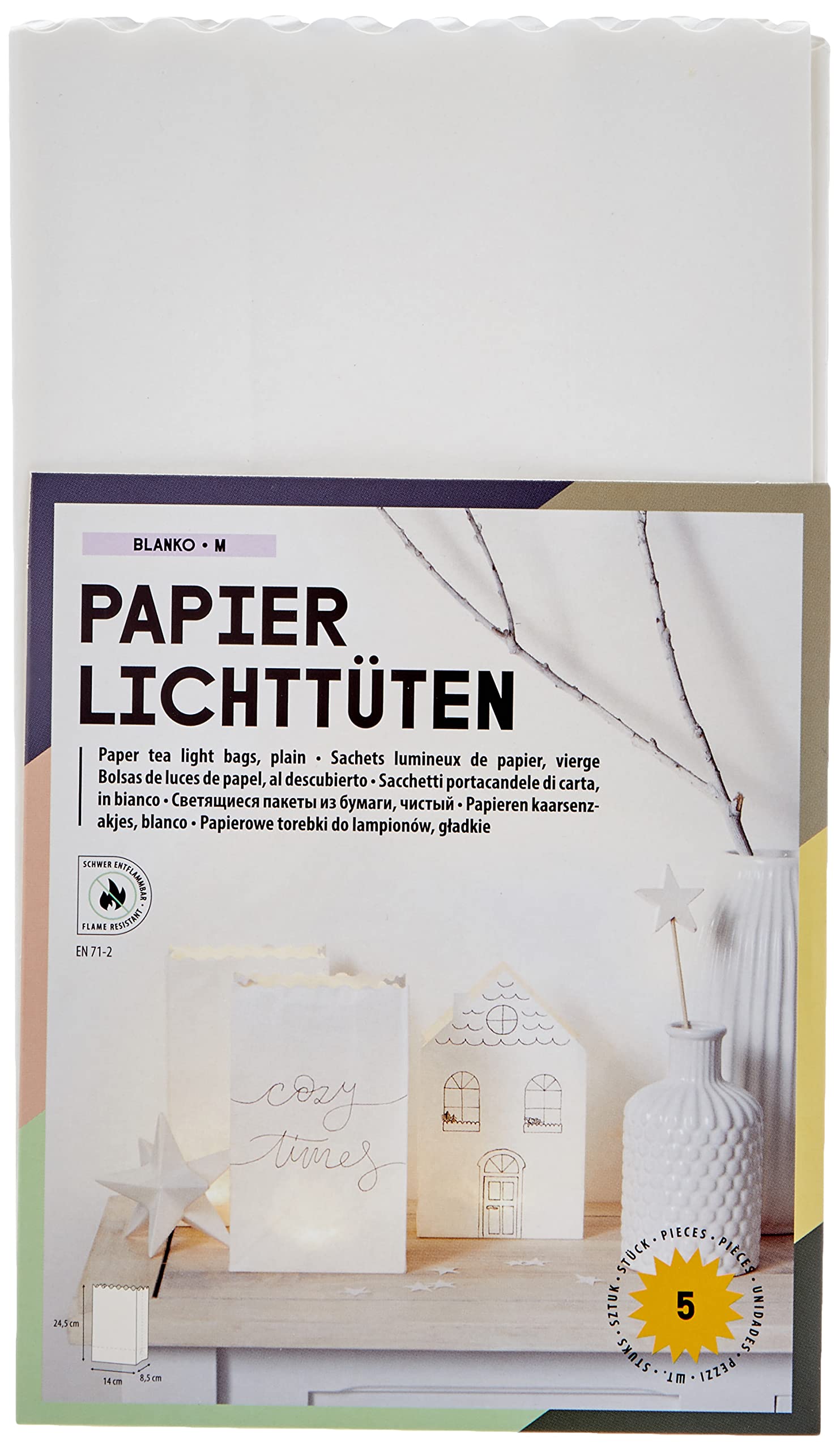 folia 12400 - Flame Retardant Paper Light Bags - Blank - Pack of 5-24.5 x 14 x 8.5 cm - Atmospheric Table Decoration for Garden Parties Birthdays Weddings