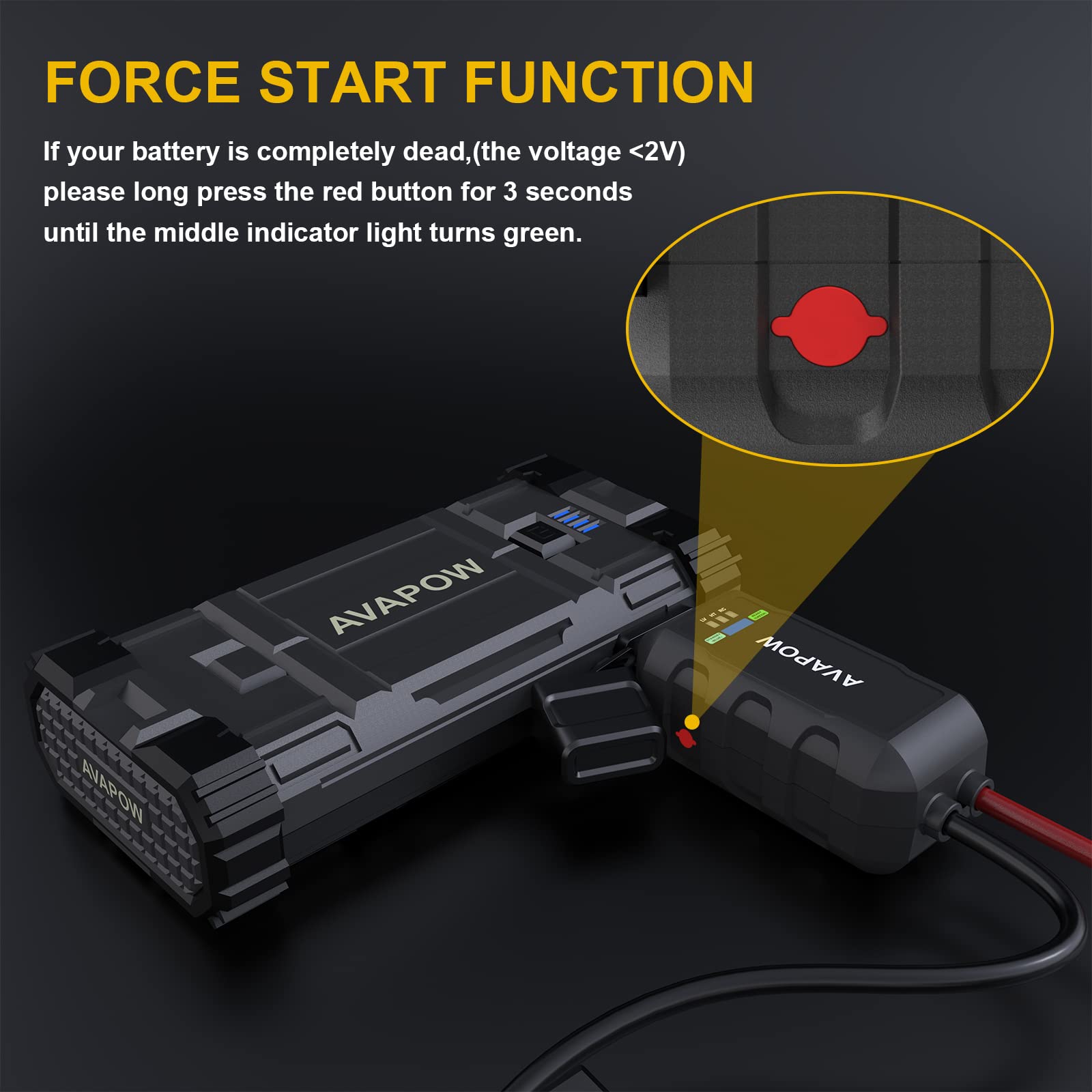 AVAPOW Car Battery Jump Starter 2000A Peak, Jumpstart with Force Start Function, Portable Starters for Up to 8L Gas 6.5L Diesel Engine with Booster Function,12V Lithium Jump Charger Pack Box