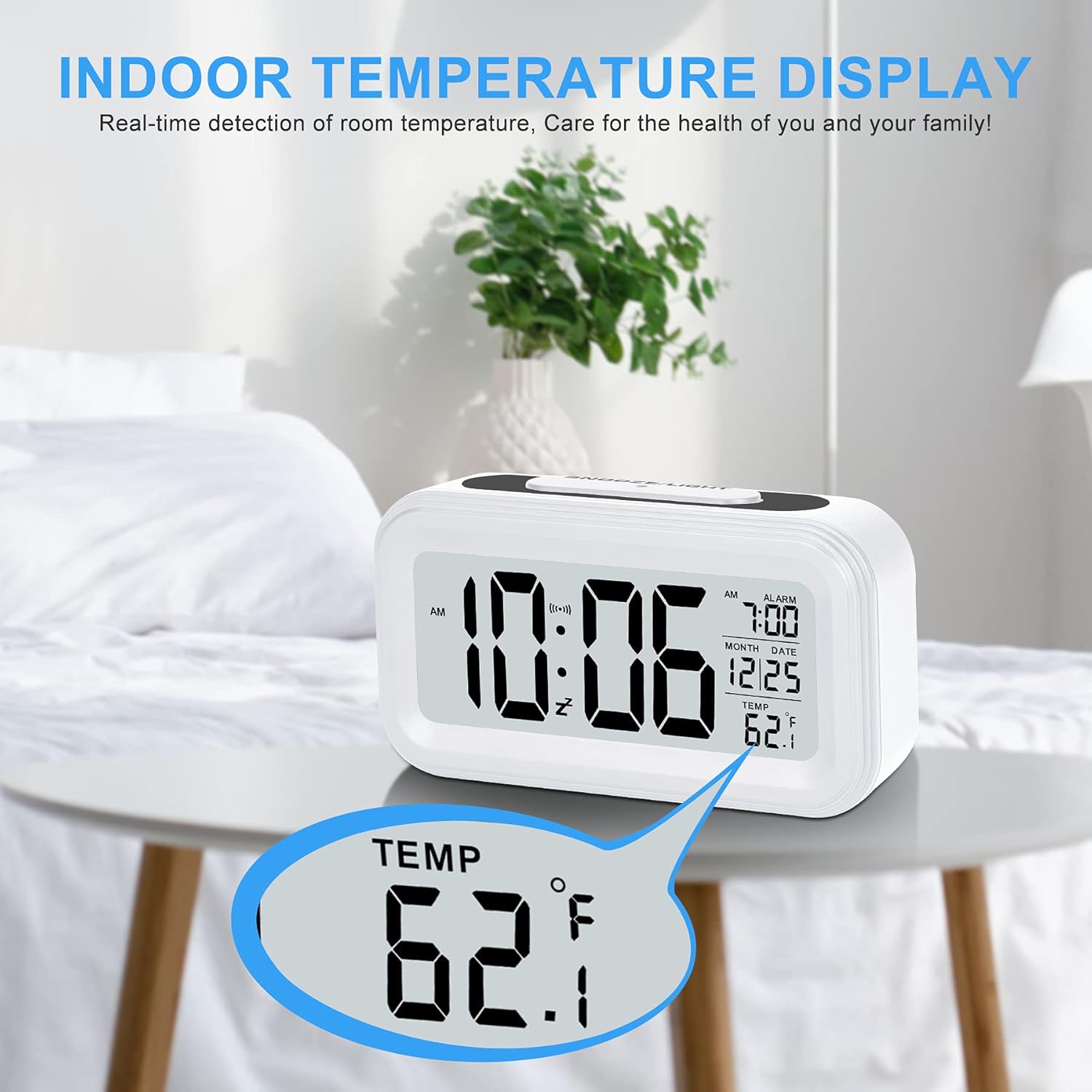 SZELAM Battery Digital Alarm Clock,LCD Clock Electronic for Bedroom Home Office ,with Date,Indoor Temperature,Snooze Light,Small-Sized,Backlight-White: Kitchen & Dining