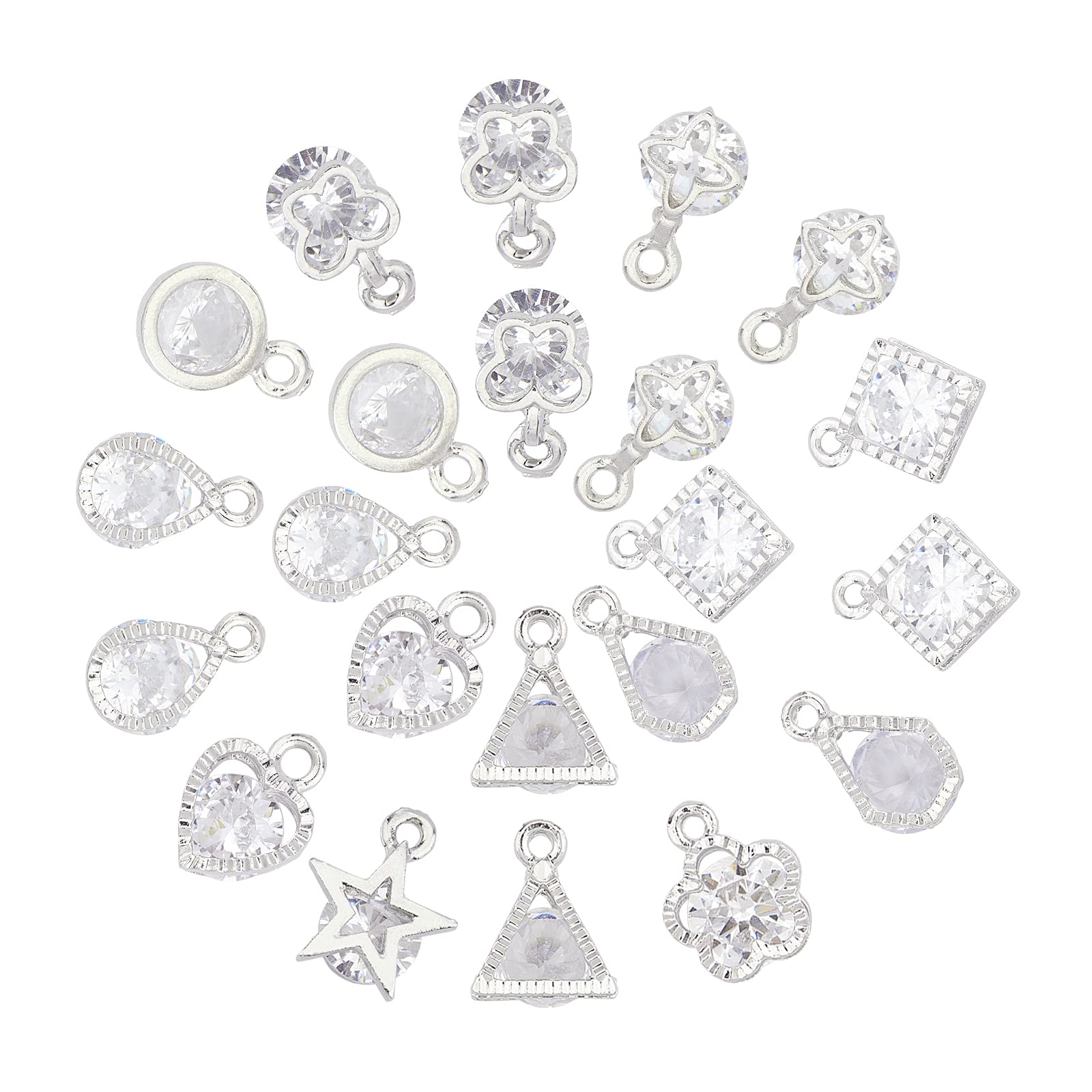 SUNNYCLUE 100pcs Cubic Zirconia Charms 10 Shapes Heart Flower Star Triangle Butterfly Cubic Zirconia Alloy Crystal Pendant Charms Sets for Necklace Jewelry DIY Craft Making, Silver