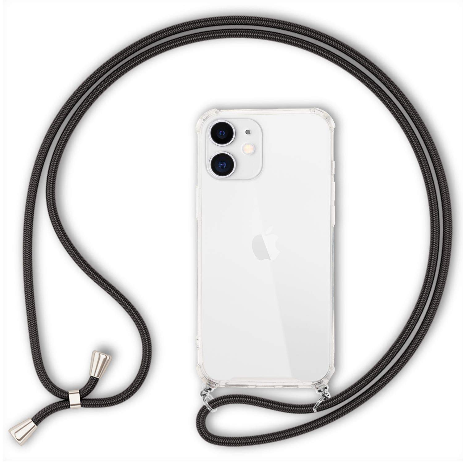 NALIA Necklace Case for iPhone 12 Mini - Transparent Hybrid Cover & Strap - HANGIT (Anti-Yellow Back & Adjustable) - German Brand, Color:Black