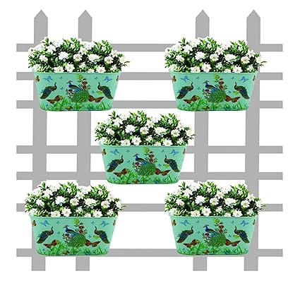 Copper Aart Printed Hanging Metal Pot Holders / Planters for Balcony / Garden | Corrosion Resistant with Detachable Double Hooks | Set of 5 (Peacock Print) (1)