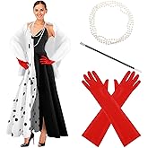 Dalmatian Halloween Woman Costume Set Black and White Suspender Dress White Shawls Red Gloves Pearl Necklace Plastic handheld